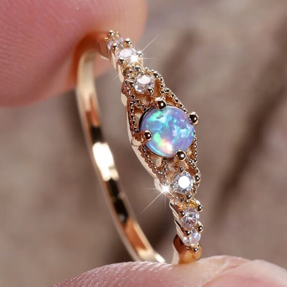 NEW 14k Gold Blue Fire Opal Ring Dainty Gold Diamond Ring Band - Picture 3 of 5